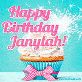 A festive cupcake with pink icing, a gingham bow, and a lit animated sparkler, paired with 'Happy Birthday Janylah!' in bright pink text.