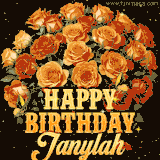 Animated bouquet of orange roses with moving butterfles and golden 'Happy Birthday Janylah' text, surrounded by sparkling accents and a dark backdrop for a luxurious feel.