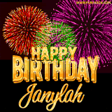 A golden 'Happy Birthday Janylah' message with vibrant fireworks in the background, creating a festive and celebratory vibe in this animated name GIF.