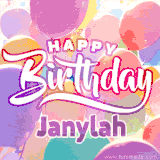 A vibrant name GIF featuring colorful balloons in shades of pink, orange, and yellow with the bold text 'Happy Birthday Janylah' in festive fonts, creating a lively birthday vibe.