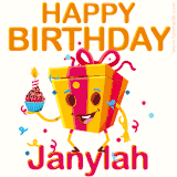 A vibrant and funny gift box character with a happy face dancing with a cupcake and the text 'Happy Birthday Janylah,' surrounded by animated confetti and party vibes.
