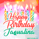 Bright birthday candles with rainbow flames on a cake, alongside the text 'Happy Birthday Jaqualina' in vibrant script in this celebratory animated GIF.