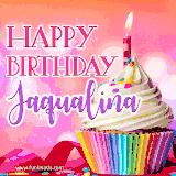 A vibrant birthday GIF featuring a rainbow-colored cupcake topped with white frosting, sprinkles, and a lit candle. The text reads 'Happy Birthday Jaqualina' in bold pink and violet letters with white outline.