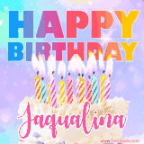 A vibrant animated name GIF with the words 'Happy Birthday Jaqualina' with colorful candles on a creamy cake. The background sparkles with pastel shades, adding a festive touch.