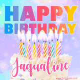 A vibrant animated name GIF with the words 'Happy Birthday Jaqualine' with colorful candles on a creamy cake. The background sparkles with pastel shades, adding a festive touch.