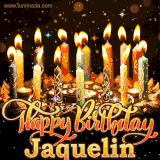 A glowing personalized birthday GIF with name Jaquelin featuring lit candles with intricate designs, warm lighting, and the text 'Happy Birthday' in an elegant font.