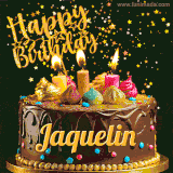 A delightful chocolate birthday cake with bright candles and 'Happy Birthday Jaquelin' written in gold amidst a shower of animated stars.