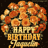 Animated bouquet of orange roses with moving butterfles and golden 'Happy Birthday Jaquelin' text, surrounded by sparkling accents and a dark backdrop for a luxurious feel.