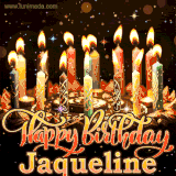 A glowing personalized birthday GIF with name Jaqueline featuring lit candles with intricate designs, warm lighting, and the text 'Happy Birthday' in an elegant font.