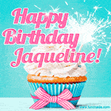 A festive cupcake with pink icing, a gingham bow, and a lit animated sparkler, paired with 'Happy Birthday Jaqueline!' in bright pink text.