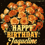 Animated bouquet of orange roses with moving butterfles and golden 'Happy Birthday Jaqueline' text, surrounded by sparkling accents and a dark backdrop for a luxurious feel.