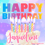 A vibrant animated name GIF with the words 'Happy Birthday Jaqueline' with colorful candles on a creamy cake. The background sparkles with pastel shades, adding a festive touch.