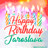 Bright birthday candles with rainbow flames on a cake, alongside the text 'Happy Birthday Jaroslava' in vibrant script in this celebratory animated GIF.