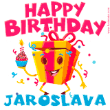 A vibrant and funny gift box character with a happy face dancing with a cupcake and the text 'Happy Birthday Jaroslava,' surrounded by animated confetti and party vibes.
