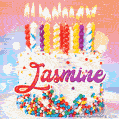 Personalized for Jasmine elegant birthday cake adorned with rainbow sprinkles, colorful candles and glitter