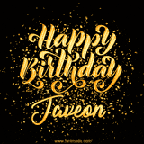 Animated GIF with colorful, festive 'Happy Birthday Javeon' text decorated with patterns, a party hat, and falling confetti. A vibrant and cheerful design for birthday celebrations.