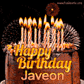 A rich chocolate cake topped with glowing birthday candles and surrounded by bright fireworks. The animated GIF displays the message 'Happy Birthday Javeon' in golden text.