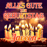 An animated GIF featuring 'Alles Gute Zum Geburtstag Javeon' in glowing red and gold letters above a cake with colorful lit candles, set against a festive sparkling background.