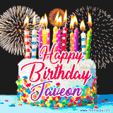 A lively happy birthday animated GIF showcasing a colorful birthday cake covered in sprinkles, topped with glowing candles, and surrounded by vibrant fireworks. The name 'Javeon' is featured in elegant script.