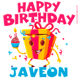A funny animated birthday GIF with the words 'Happy Birthday Javeona', colorful gift box with arms and legs, holding a cupcake with a lit candle  with confetti everywhere.