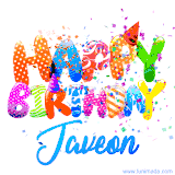 Animated GIF with colorful, festive 'Happy Birthday Javeon' text decorated with patterns, a party hat, and falling confetti. A vibrant and cheerful design for birthday celebrations.