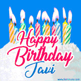 A cheerful animated GIF featuring colorful lit birthday candles on a white cake, with the text 'Happy Birthday Javi' in bold red and blue script on a bright blue background.