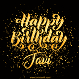 Animated GIF with colorful, festive 'Happy Birthday Javi' text decorated with patterns, a party hat, and falling confetti. A vibrant and cheerful design for birthday celebrations.