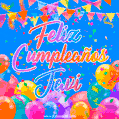 A vibrant animated GIF with 'Feliz Cumpleaños Javi' written in colorful script, surrounded by balloons, confetti, and bunting on a bright blue background.