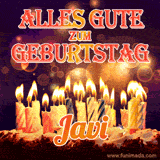 An animated GIF featuring 'Alles Gute Zum Geburtstag Javi' in glowing red and gold letters above a cake with colorful lit candles, set against a festive sparkling background.