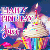 A festive animated GIF featuring a colorful cupcake with a single lit candle, sprinkles, and 'Happy Birthday Javi' text against a sparkling, celebratory background.