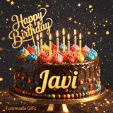 Close-up of colorful whipped cream toppings on a chocolate cake with flickering candles, custom-designed for Javi.