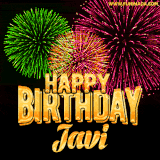 A captivating GIF with bursts of green, pink, and orange fireworks lighting up the night sky, accompanied by 'Happy Birthday Javi' in glowing golden text.