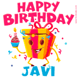 A funny animated birthday GIF with the words 'Happy Birthday Javia', colorful gift box with arms and legs, holding a cupcake with a lit candle  with confetti everywhere.