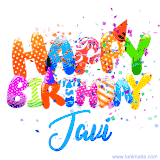 Animated GIF with colorful, festive 'Happy Birthday Javi' text decorated with patterns, a party hat, and falling confetti. A vibrant and cheerful design for birthday celebrations.