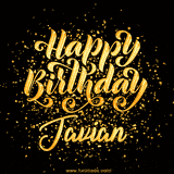 Animated GIF with colorful, festive 'Happy Birthday Javian' text decorated with patterns, a party hat, and falling confetti. A vibrant and cheerful design for birthday celebrations.