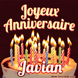 A Happy Birthday GIF in French featuring a festive birthday cake adorned with bright candles and the glowing text 'Joyeux Anniversaire Javian' in a cheerful style.