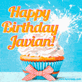 A cheerful animated GIF of a cupcake with creamy frosting, a red checkered ribbon, and a bright sparkler on top. The text 'Happy Birthday Javian!' is displayed in vibrant orange and red.