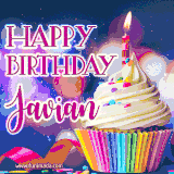 A festive animated GIF featuring a colorful cupcake with a single lit candle, sprinkles, and 'Happy Birthday Javian' text against a sparkling, celebratory background.