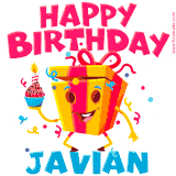 A funny animated birthday GIF with the words 'Happy Birthday Javiana', colorful gift box with arms and legs, holding a cupcake with a lit candle  with confetti everywhere.