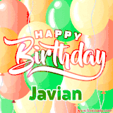 Animated GIF featuring colorful balloons in the background with the cheerful text 'Happy Birthday Javian'.