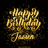 Animated GIF with colorful, festive 'Happy Birthday Javien' text decorated with patterns, a party hat, and falling confetti. A vibrant and cheerful design for birthday celebrations.