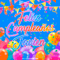 A vibrant animated GIF with 'Feliz Cumpleaños Javien' written in colorful script, surrounded by balloons, confetti, and bunting on a bright blue background.