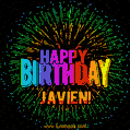 A colorful animated GIF featuring the text 'Happy Birthday Javien!' in rainbow colors with a dynamic iridescent firework display in the background.