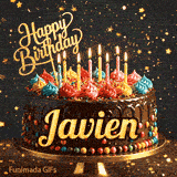 Elegant birthday GIF with the name Javien on a chocolate cake surrounded by flickering candlelight and golden stars.
