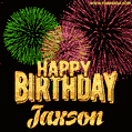Wishing You A Happy Birthday, Jaxson! Best fireworks GIF animated greeting card.