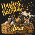 Celebrate Jaxx's birthday with a GIF featuring chocolate cake, a lit sparkler, and golden stars