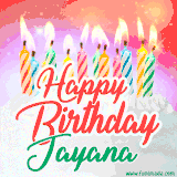 Bright birthday candles with rainbow flames on a cake, alongside the text 'Happy Birthday Jayana' in vibrant script in this celebratory animated GIF.
