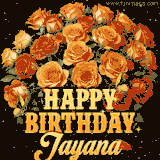 Animated bouquet of orange roses with moving butterfles and golden 'Happy Birthday Jayana' text, surrounded by sparkling accents and a dark backdrop for a luxurious feel.