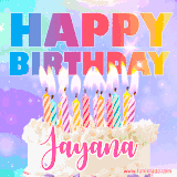 A vibrant animated name GIF with the words 'Happy Birthday Jayana' with colorful candles on a creamy cake. The background sparkles with pastel shades, adding a festive touch.