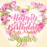 A stunning heart made of pink roses surrounds the elegant script text 'Happy Birthday Jayana' on a soft beige background. Animated sparkles add a magical and festive feel.